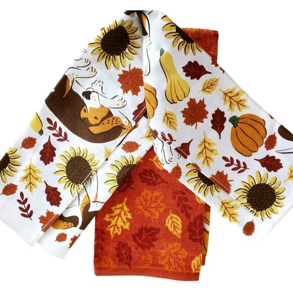 New Fall Dog Kitchen Towel Set 2-Pack Puppy Beagle Autumn Leaves Pumpkins Gourds - Picture 4 of 9
